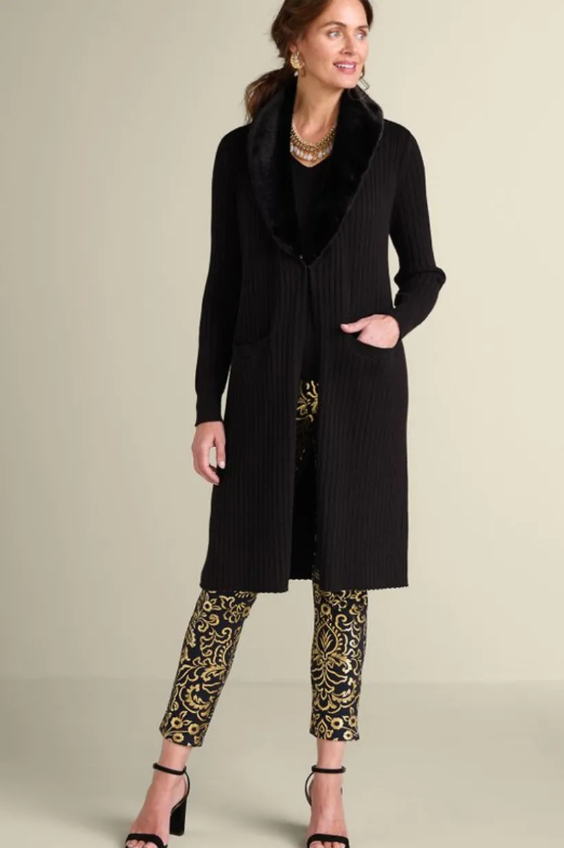 Amalie Faux Fur Collar Ribbed Cardigan<Soft Surroundings New