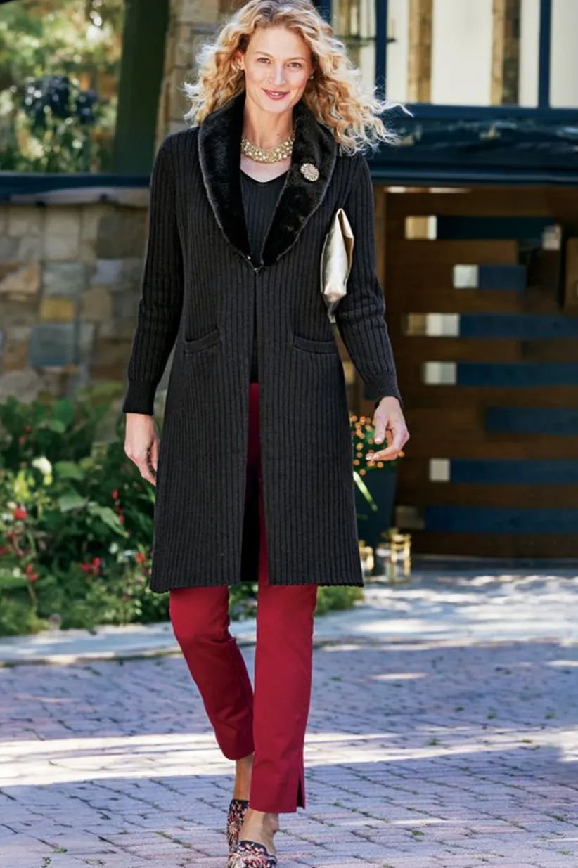 Amalie Faux Fur Collar Ribbed Cardigan<Soft Surroundings New