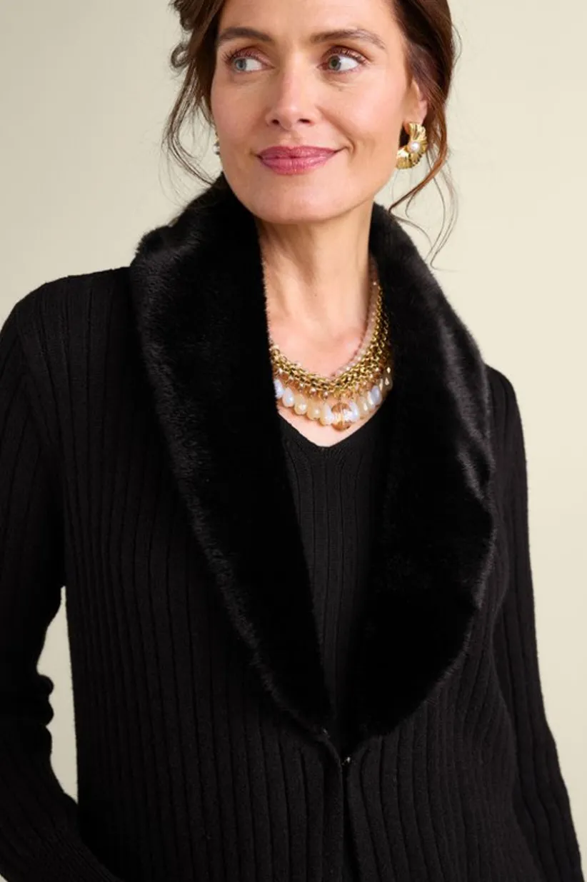 Amalie Faux Fur Collar Ribbed Cardigan<Soft Surroundings New