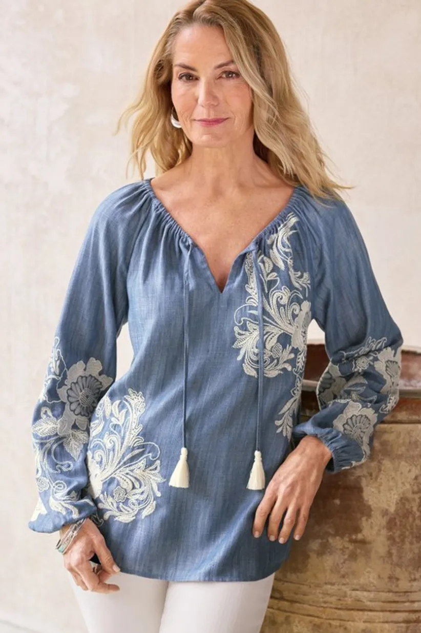 Diya Embroidered Tencel™ Peasant Top<Soft Surroundings Clearance