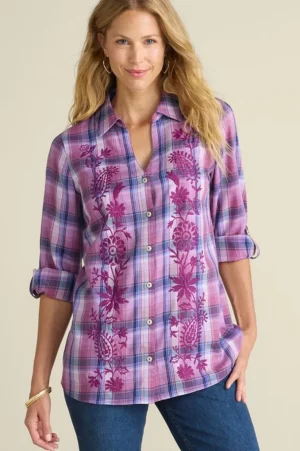 Gracie Embroidered Plaid Big Shirt<Soft Surroundings Discount