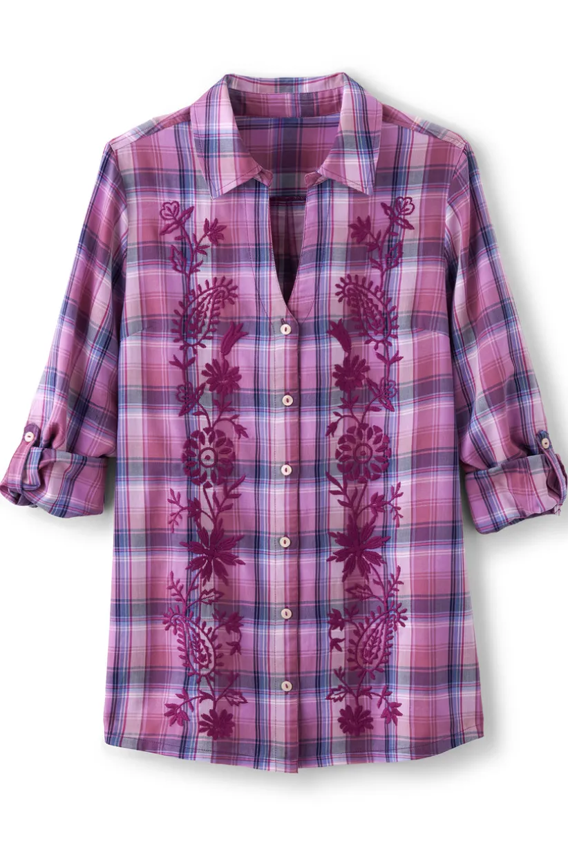 Gracie Embroidered Plaid Big Shirt<Soft Surroundings Discount